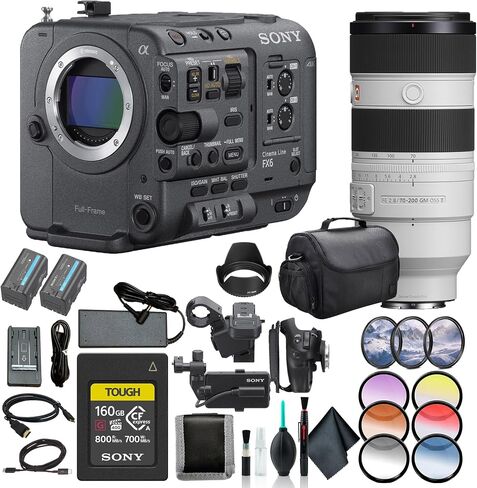 هيكل كاميرا سينمائية كاملة الإطار FX6 من سوني فقط ILME-FX6V، وعدسة FE مقاس 70-200 مم، وبطاقة ذاكرة 160 جيجابايت، وبطارية BP-U35، ومجموعة مرشح، ومجموعة مرشح الألوان، وغطاء العدسة، وحقيبة، ومحفظة بطاقة الذاكرة، والمزيد in Saudi Arabia
