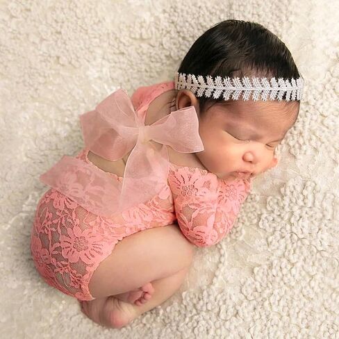 Newborn Photography Outfits Girl Newborn Photography Props Lace Romper Newborn Baby Photo Shoot Outfits Girls Photo Props (Wheat headband+Pink Set) in Kuwait