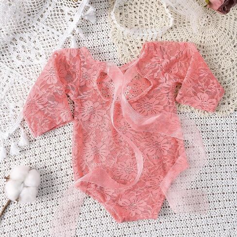 Newborn Photography Outfits Girl Newborn Photography Props Lace Romper Newborn Baby Photo Shoot Outfits Girls Photo Props (Wheat headband+Pink Set) in Kuwait