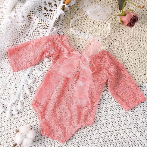 Newborn Photography Outfits Girl Newborn Photography Props Lace Romper Newborn Baby Photo Shoot Outfits Girls Photo Props (Wheat headband+Pink Set) in Kuwait