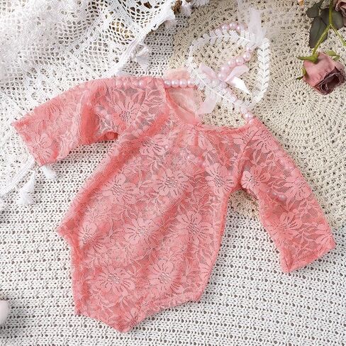 Newborn Photography Outfits Girl Newborn Photography Props Lace Romper Newborn Baby Photo Shoot Outfits Girls Photo Props (Wheat headband+Pink Set) in Kuwait