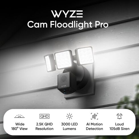 كاميرا WYZE Floodlight Pro، مصابيح LED 3000 لومن، رؤية واسعة 180 درجة، كاميرا أمان خارجية 2K HD، كشف الحركة، صفارة إنذار 105 ديسيبل، رؤية ليلية ملونة، للمراقبة المنزلية، سلكية (متجددة) in Saudi Arabia