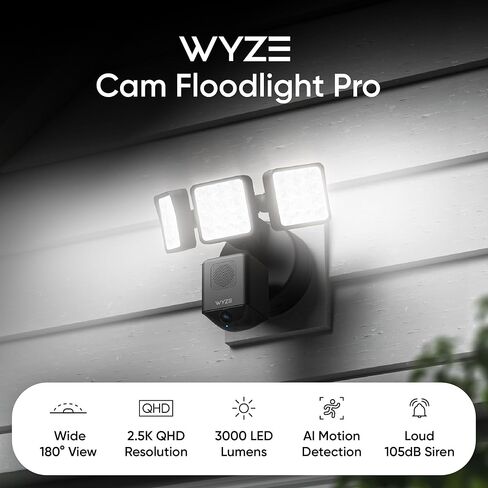 كاميرا WYZE Floodlight Pro، مصابيح LED 3000 لومن، رؤية واسعة 180 درجة، كاميرا أمان خارجية 2K HD، كشف الحركة، صفارة إنذار 105 ديسيبل، رؤية ليلية ملونة، للمراقبة المنزلية، سلكية (متجددة) in Saudi Arabia