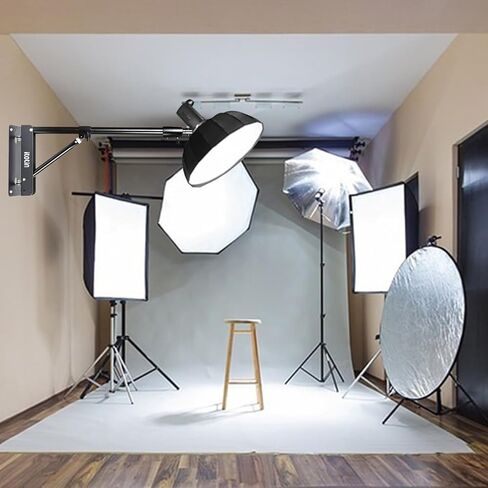 حلقة ضوء حائطية على شكل مثلث ذراع بوم 3.6 قدم/110 سم حامل كاميرا قابل للتعديل للتصوير الفوتوغرافي سوفت بوكس ​​عاكس ضوء فيديو أحادي الضوء يدعم دوران 180 درجة in Kuwait