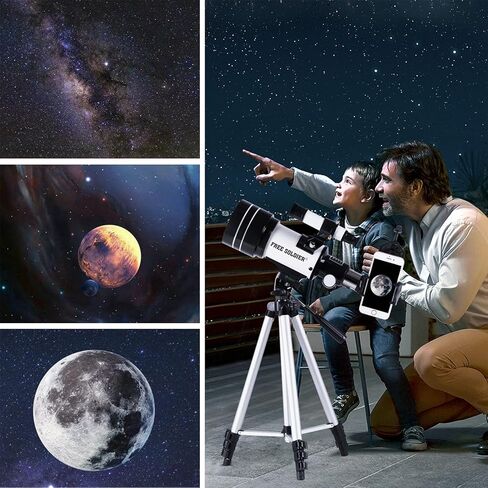 تلسكوب جندي مجاني للمبتدئين في علم الفلك، فتحة 70 مم، تلسكوب منكسر فلكي عالي التكبير مع محول هاتف، تلسكوب لاسلكي محمول عن بعد، أبيض in Kuwait