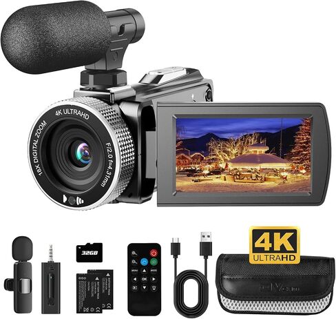 Camcorder Video Camera 4K Ultra HD 48MP Vlogging Camera for YouTube 18X Digital Zoom Camcorder 3.0" IPS Screen Video Recorder with Wireless Lavalier Mic, Controller, 2 Batteries and 32G SD Card in Saudi Arabia