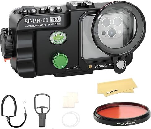 حافظة هاتف HolaFoto Seafrogs SF-PH-01 PRO + مجموعة فلتر أحمر مقاومة للماء للهاتف الخلوي والأيفون، مقاس نافذة العدسة 68 مم × 68 مم، مساحة داخلية 175 مم (طول) × 85 مم (عرض) × 8 مم (عمق) in Kuwait