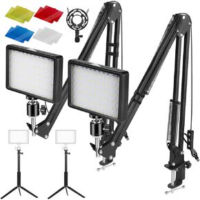 Linkidea 2 Pack Dimmable 5600K USB LED Video Light, Photography Lighting Kit for Table with Adjustable Tripod Stand/Scissor Arm Stand/Color Filters for Tabletop/Low Angle Photo Video Shooting