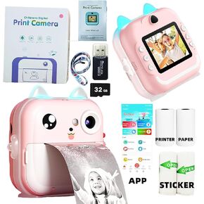 Kids Rechargeable Camera Instant Print -Mini Photo Printing Camera for Kids, 1080P Digital Camera, 2.4" LCD Screen, 32G SD Card, High-Definition, ABS Body (Pink)