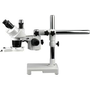 AmScope SW-3T13X-FRL Trinocular Stereo Microscope, WH10x Eyepieces, 5X/10X/15X/30X Magnification, 1X/3X Objective, Single-Arm Boom Stand, 8W Fluorescent Ring Light, 110V-120V, Includes 0.5X Barlow Lens