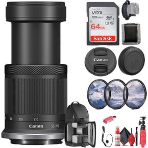 Canon RF-S 55-210mm f/5-7.1 IS STM Lens (Canon RF) for Landscape, Portrait, & Travel Photos/Videos (5824C002) + 64GB Memory Card + Filter Kit + BackPack + Card Reader + Flex Tripod + More (Renewed)