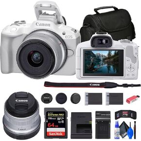 Canon EOS R50 Mirrorless Camera with 18-45mm Lens (White) (5812C012) + 64GB Memory Card + Bag + Charger + LPE17 Battery + Card Reader + Memory Wallet + Cleaning Kit (Renewed)