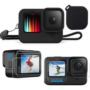 PWireless 6pcs Tempered Glass Screen Protector for GoPro Hero12/11/Hero10/Hero 9 Black+Silicone Sleeve Protective Soft Case with Lanyard+1pcs Lens Cap