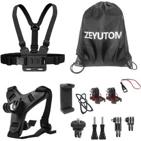 13-in-1 Action Camera Accessories Kit for Gopro Hero 13 12 11 10 9 8 7 6 5 4, with Shoulder Storage Bag Chest Strap Helmet Chin Strap Mount for DJI OSMO Action 5 RO/4/3/2, Clip Mount for Smartphone