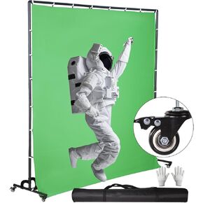 7*6.5FT Green Screen Backdrop with Wheels,Chromakey Green Photography Polyester Background Studio Portable Movable Backdrop Support Stand with Pulley for Streaming,Video Gaming,Zoom Meeting