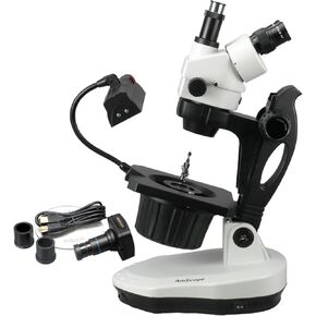 AmScope GM400TZ-M Digital Trinocular Gemology Stereo Zoom Microscope, WH10x Eyepieces, 3.5X-90X Magnification, 0.7X-4.5X Zoom Objective, Halogen and Fluorescent Lighting, Inclined Pillar Stand, 110V-120V, Includes 0.5X and 2.0X Barlow Lenses, 1.3MP Camera
