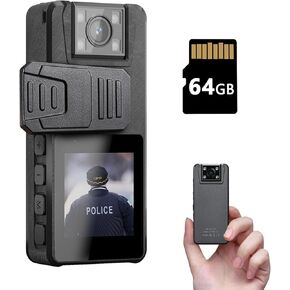64GB Body Camera 1296P, 3000mAh Camcorder with IR Night Vision, 180° Rotatable Lens and 2 Sturdy Clips, Body Cam with Video Recording for Police Cycle Delivery Home