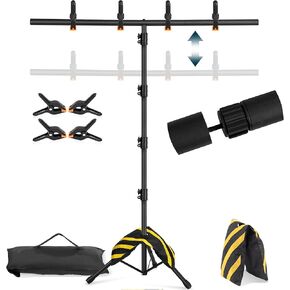 Backdrop Stand 6.5x3.2FT, T-Shape Portable Photo Background Stand Kit Adjustable, Small Backdrop Stand with 4 Spring Clamps, Sandbag, Carry Bag for Parties, Wedding, Photography, Decoration