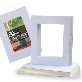 Acid Free 8x10 Pre-Cut Picture Mat Board Kit for 5x7 Photo, Includes 25 White Core Bevel Cut Mattes, 25 Backing Boards, 25 Crystal Clear Bags