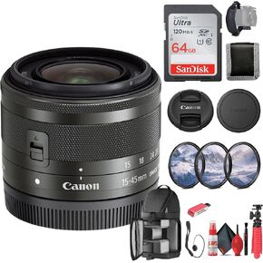 Canon EF-M 15-45mm f/3.5-6.3 IS STM Zoom Lens (Graphite) (0572C002) + 64GB Card + Filter Kit + BackPack + Card Reader + Flex Tripod + Memory Wallet + Cap Keeper + Cleaning Kit + Hand Strap (Renewed)
