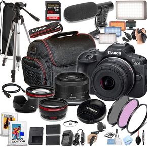 Canon EOS R100 24.2MP APS-C CMOS Sensor Mirrorless Camera with 18-45mm Lens, 128GB Extreme Speed Memory, Video Light, Microphone, Grip, Filters, Lenses, Case, Software, More (Premium Bundle) (Renewed)