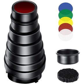 Aluminum Alloy Conical Snoot with Honeycomb Grid and 5 Pieces Color Gel Filters Kit for Bowens Mount Studio Strobe Monolight Photography Flash Light