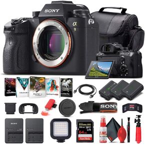 Sony Alpha a9 Mirrorless Digital Camera (Body Only) (ILCE9/B) + 64GB Memory Card + 2 x NP-FZ-100 Battery + Corel Photo Software + Case + External Charger + Card Reader + LED Light + More (Renewed)