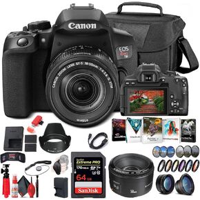 كاميرا Canon EOS Rebel T8i DSLR مع عدسة مقاس 18-55 مم (3924C002)، وعدسة Canon EF مقاس 50 مم، وبطاقة ذاكرة سعة 64 جيجابايت، ومجموعة مرشح الألوان، والحقيبة، ومجموعة المرشحات، وبرنامج الصور Corel، وبطارية LPE17 + المزيد (متجددة)