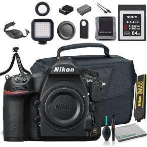 Nikon D850 DSLR Camera (Body Only) (1585) + Camera Bag + Sony 64GB XQD G Series Memory Card + Wireless Remote Shutter Release + Hand Strap + Portable LED Video Light + More (Renewed)