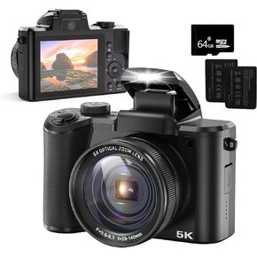 Dododuck 5K Digital Camera: Autofocus, 5X Optical Zoom, 64MP, Vlogging and Video Camera with 6-Axis Stabilization, Dual Cameras Front and Rear, includes 64GB SD Card, 2 Batteries, Ideal for Beginners