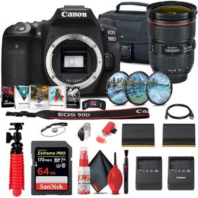Canon EOS 90D DSLR Camera (Body Only) (3616C002) + Canon EF 24-70mm Lens + 64GB Card + Case + Filter Kit + Corel Photo Software + LPE6 Battery + Charger + Card Reader + More (Renewed)