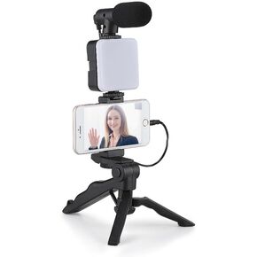 HuaerHui Vlogging Starter Kit with Mini LED Video Light + Shotgun Microphone + Universal Cellphone Holder Clip + Pistol Grip Tripod Compatible with Smart Phones/Cameras, Black, W-TZ001