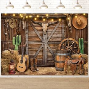 Western Cowboy Backdrop Banner, 7X5FT Wild West Rustic Wooden Barn House Photography Background for Western Party Decoration, Rodeo Backdrop for Kid Birthday Party, Reusable and Washable
