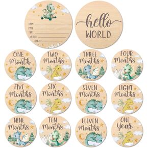بطاقات معلم شهرية من Huray Rayho Little Dragon Baby علامات خشبية محايدة دعائم تصوير لحديثي الولادة مجموعة من 13 قرصًا خشبيًا من شهر واحد إلى عام واحد، سجل نمو الطفل in Kuwait