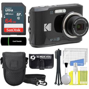 KODAK PIXPRO FZ45 16MP Digital Camera 4X Optical Zoom 27mm Wide Angle 1080P Full HD Video 2.7" LCD Camera (Black) + 64GB Card and Reader + Case + Memory Wallet + Tripod + Cleaning Bundle