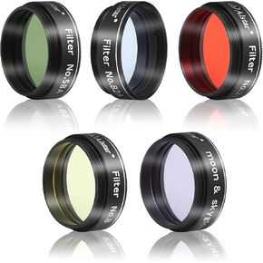 Alstar 5Pcs 1.25" Telescope Filters Kit with Orange, Green, Yellow, Blue and Moon/Skyglow Filter for Improved Clarity and Resolution of Planetary Observations