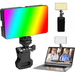 RGB Selfie Light, LED Camera Light with 3 Cold Shoe, Photography Lighting 2000mAh Rechargeable 3000-7500K Portable Clip on Light for Tablet/Laptop, Zoom Call TikTok Video Fill Light