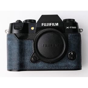 handmade Genuine Leather Camera Half Case for Fujifilm X-T50 - Top Layer Cowhide Body + Metal Base Plate - Hand Shank Free Design (Yellowish Brown)