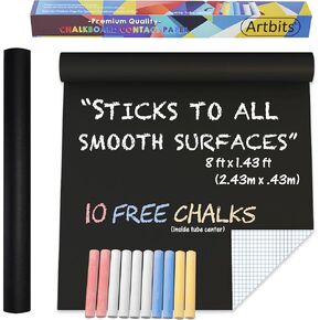 Artbits Large Chalkboard Adhesive Paper Roll (8 FEET) 5 Chalks Included - Peel & Stick Chalkboard Wallpaper for Walls, Tables, Schools, and Classrooms - Alternative to Blackboard Paint