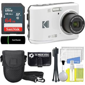 KODAK PIXPRO FZ45 16MP Digital Camera 4X Optical Zoom 27mm Wide Angle 1080P Full HD Video 2.7" LCD Camera (White) + 64GB Card and Reader + Case + Memory Wallet + Tripod + Cleaning Bundle