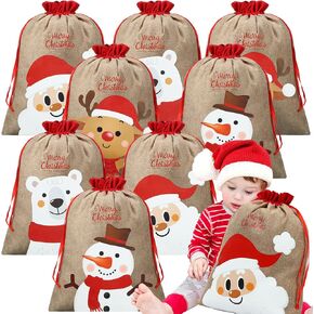 Hosuly 8 Pcs Burlap Christmas Drawstring Bags Bulk Buffalo Burlap Gift Bags Large 15 x 20 Inch Xmas Cloth Treat Bags with Wrapping Sack Goody Treat Storage Bag Candy Pouches for Party(Classic Style)