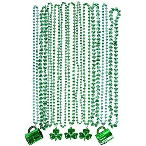 The Dreidel Company St. Patrick's Beer Mug & Shamrock Beads Necklace, Metallic Green, 33 inch (8mm beads) (24-Pack)