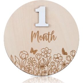Wildflower Baby Monthly Milestone، علامات خشبية لمعلم الطفل، أقراص خشبية لمعلم شهري، بطاقات دعائم صور الطفل مجموعة أرقام قابلة للتبديل مكونة من 12 لتسجيل نمو الطفل in Kuwait