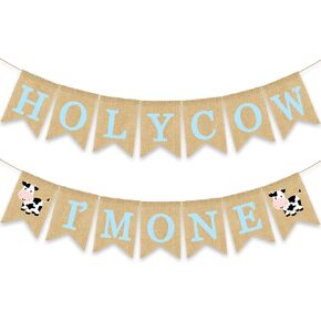 Holy Cow I'm One Banner Farm 1st Birthday Party Decoration Barnyard Burlap Garlands Western Boy Girl First Birthday Supplies White in Kuwait