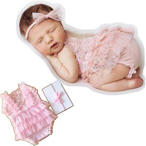 Zeroest Newborn Baby Girl Photography Props Stretch Romper with Lace Trim & Headband,Newborn Outfit for Photoshot