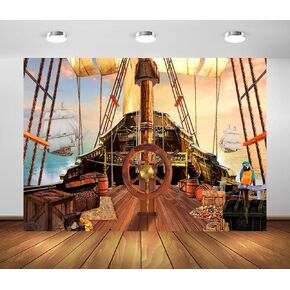 BELECO 5x3ft Fabric Vintage Pirate Ship Backdrop Wooden Rudder Treasure Chests Treasure Map Barrels Parrot Ocean Sailing Ship Nautical Pirates Background Pirate Theme Party Decorations Photo Props