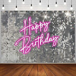 InMemory Silver Sequins Neon Happy Birthday Backdrop Glitter Stars Halos Women Birthday Reception Portrait Photography Background Photoshoot Props Cake Table Banner 7x5ft
