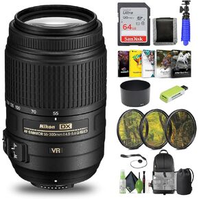 Nikon - AF-S DX NIKKOR 55-300mm f/4.5-5.6G ED VR Telephoto Zoom Lens (2197) + 64GB Memory Card + Filter Kit + BackPack + Card Reader + Corel Photo Software + Flex Tripod + Memory Wallet + More