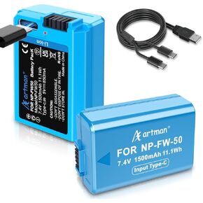 Artman NP-FW50 Battery 1500mAh 2 Pack with Type-C Direct Charging Port for Sony ZV-E10, Alpha A6000 A6100 A6300 A6400 A6500 A6500 A5000 A5100 A7 A7II A7R A7RII A7S A7SII RX10 II Cameras
