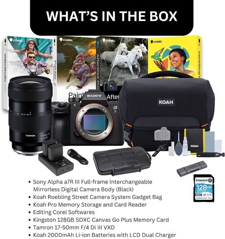 Sony Alpha a7R III A Full-frame Interchangeable Mirrorless Digital Camera Body (Black) - High-Performance 4K Video with 17-50mm F/4 Di III, Editing Software, 128GB SD Card, and Accessories (7 Items) in Saudi Arabia